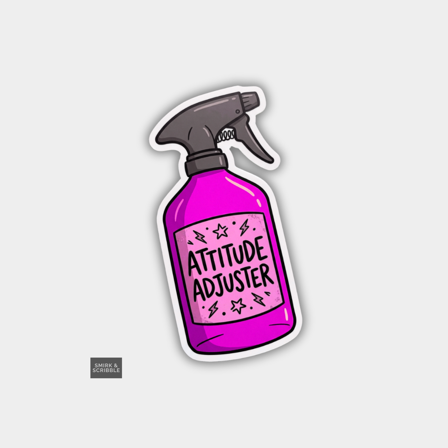 Pink spray bottle labeled 'Attitude Adjuster' on a light gray background