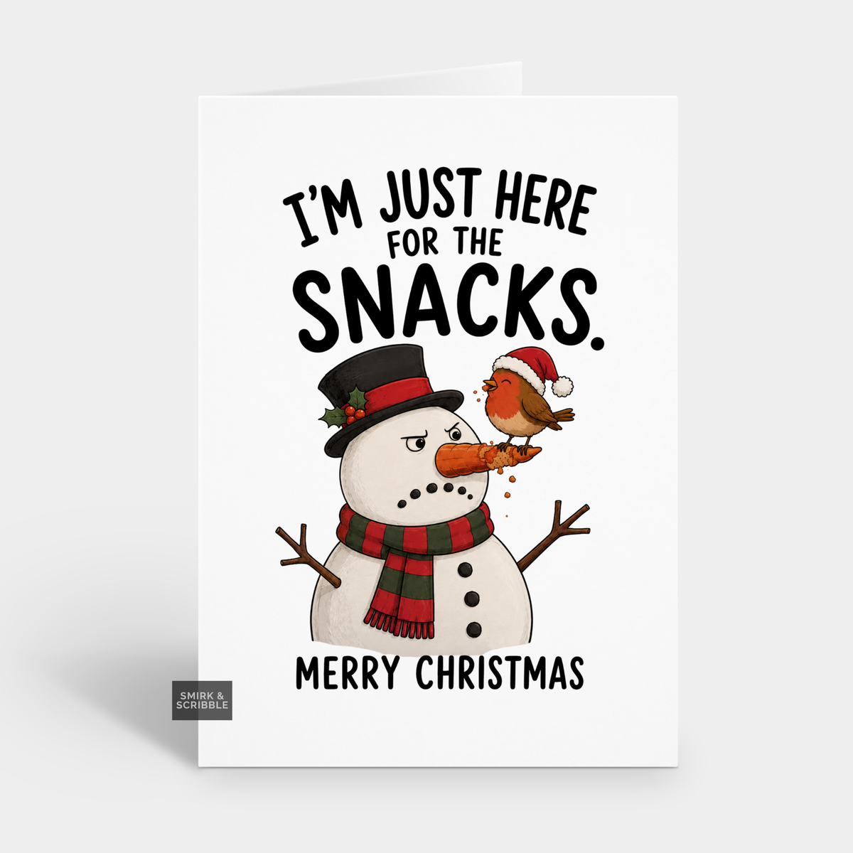 Funny Christmas Card - Snacks Robin Snowman