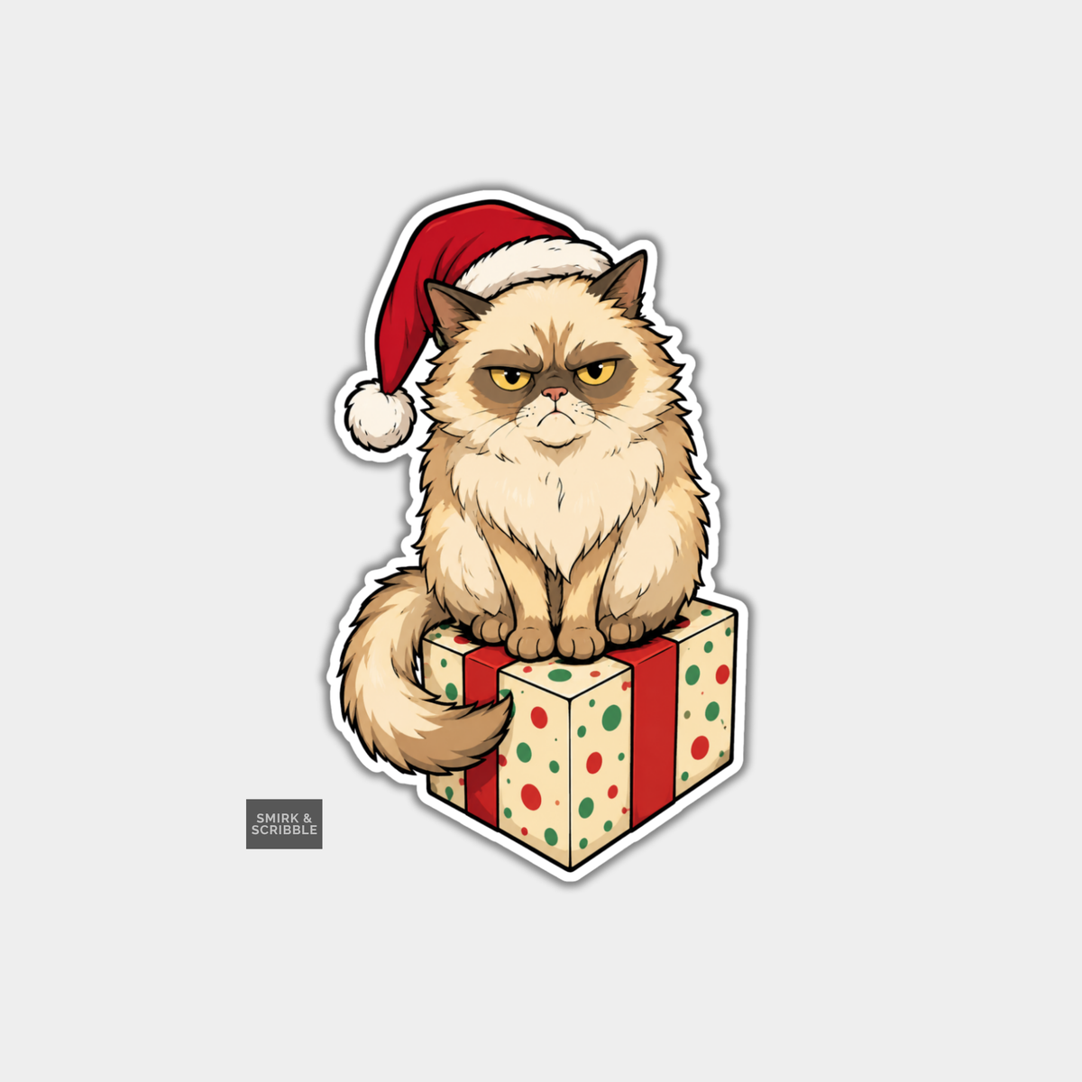Funny Christmas Sticker - Grumpy Cat Sitting On Box