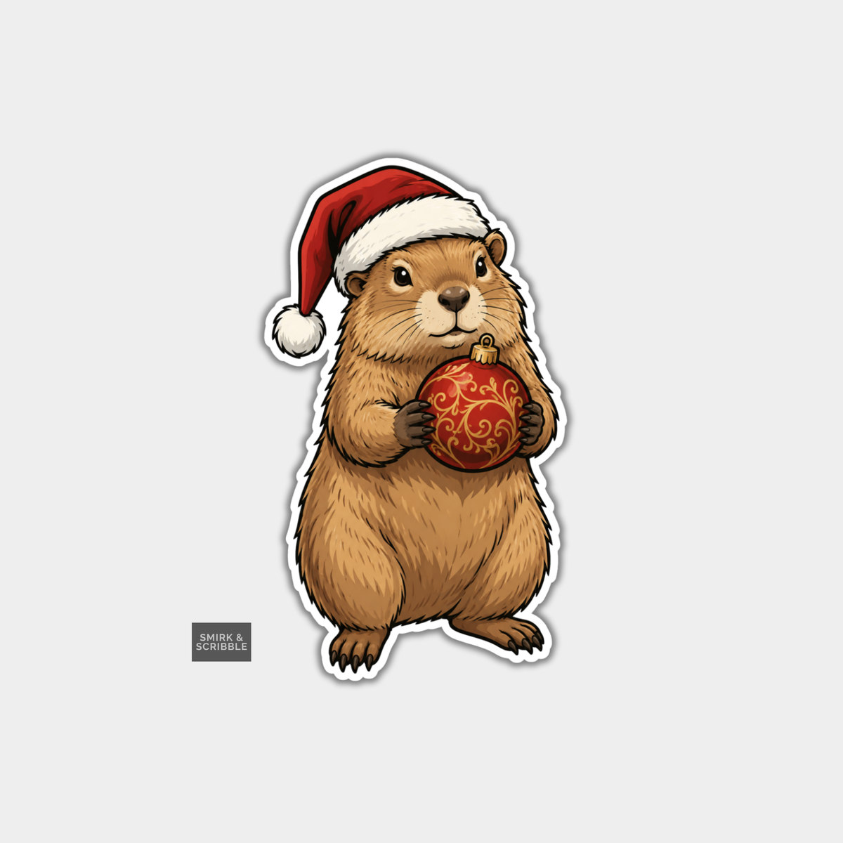 Funny Christmas Sticker - Capybara Holding Bauble