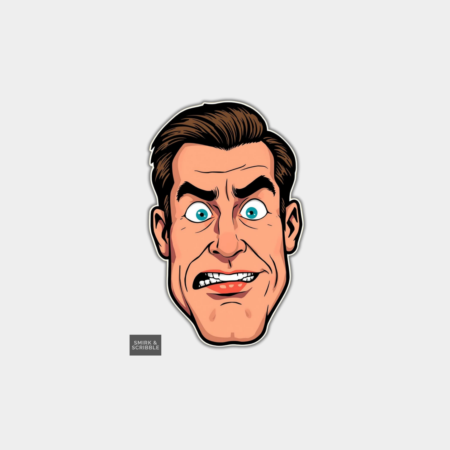 Cartoon face with exaggerated expression on a gray background