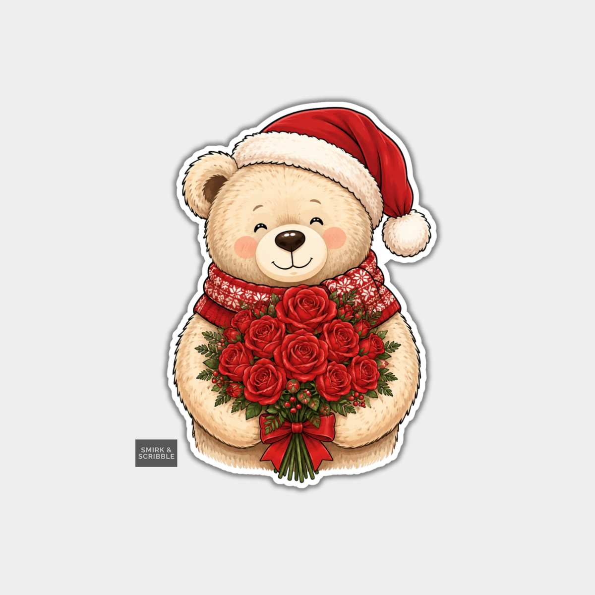 Funny Christmas Sticker - Cute Teddy Bear With Roses