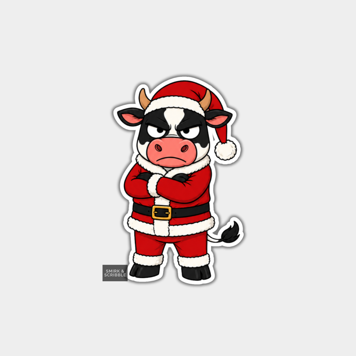 Funny Christmas Sticker - Angry Cow In Santa Suit