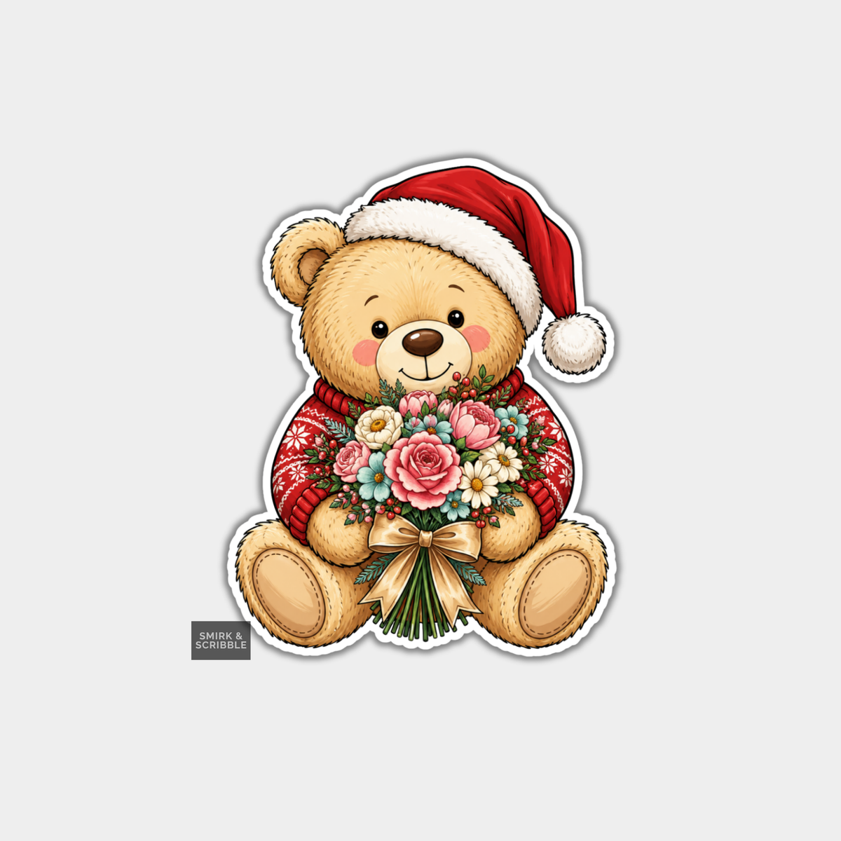 Funny Christmas Sticker - Cute Teddy Bear & Flowers