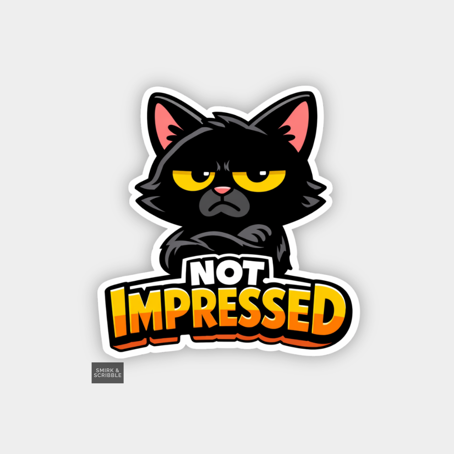 Sticker of a black cat with yellow eyes and 'Not Impressed' text on a gray background