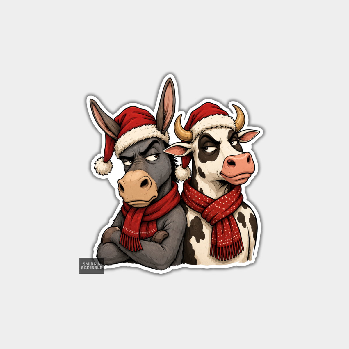 Funny Christmas Sticker - Cow & Donkey Friends