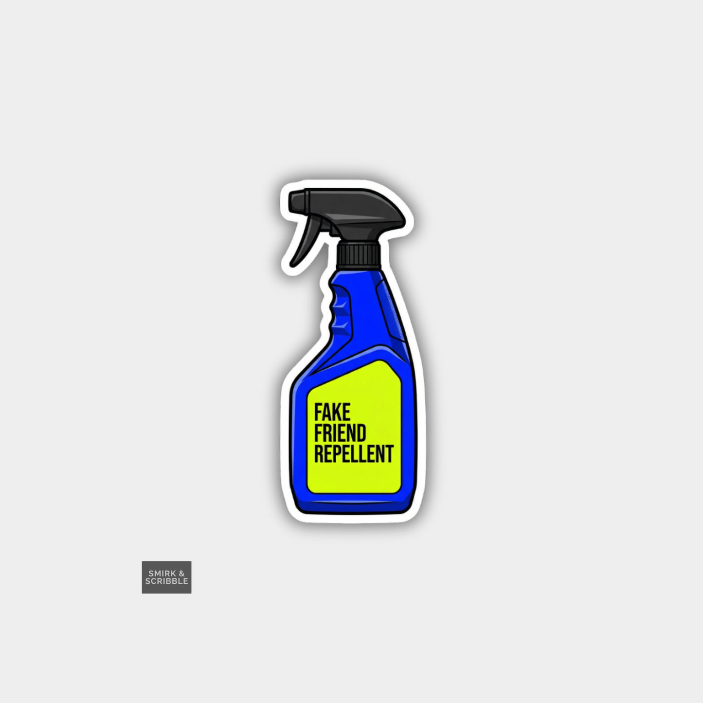 Spray bottle labeled 'Fake Friend Repellent' on a gray background