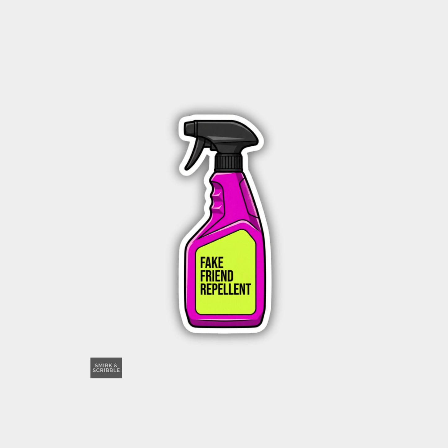 Spray bottle labeled 'Fake Friend Repellent' on a gray background