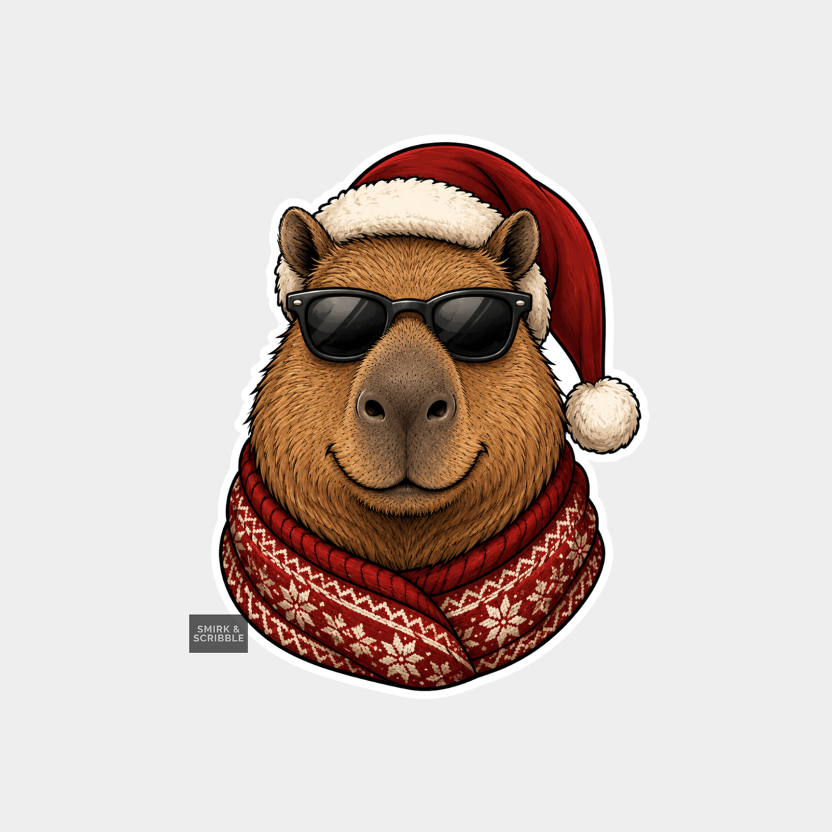 Funny Christmas Sticker - Capybara In Sunglasses & Santa Hat