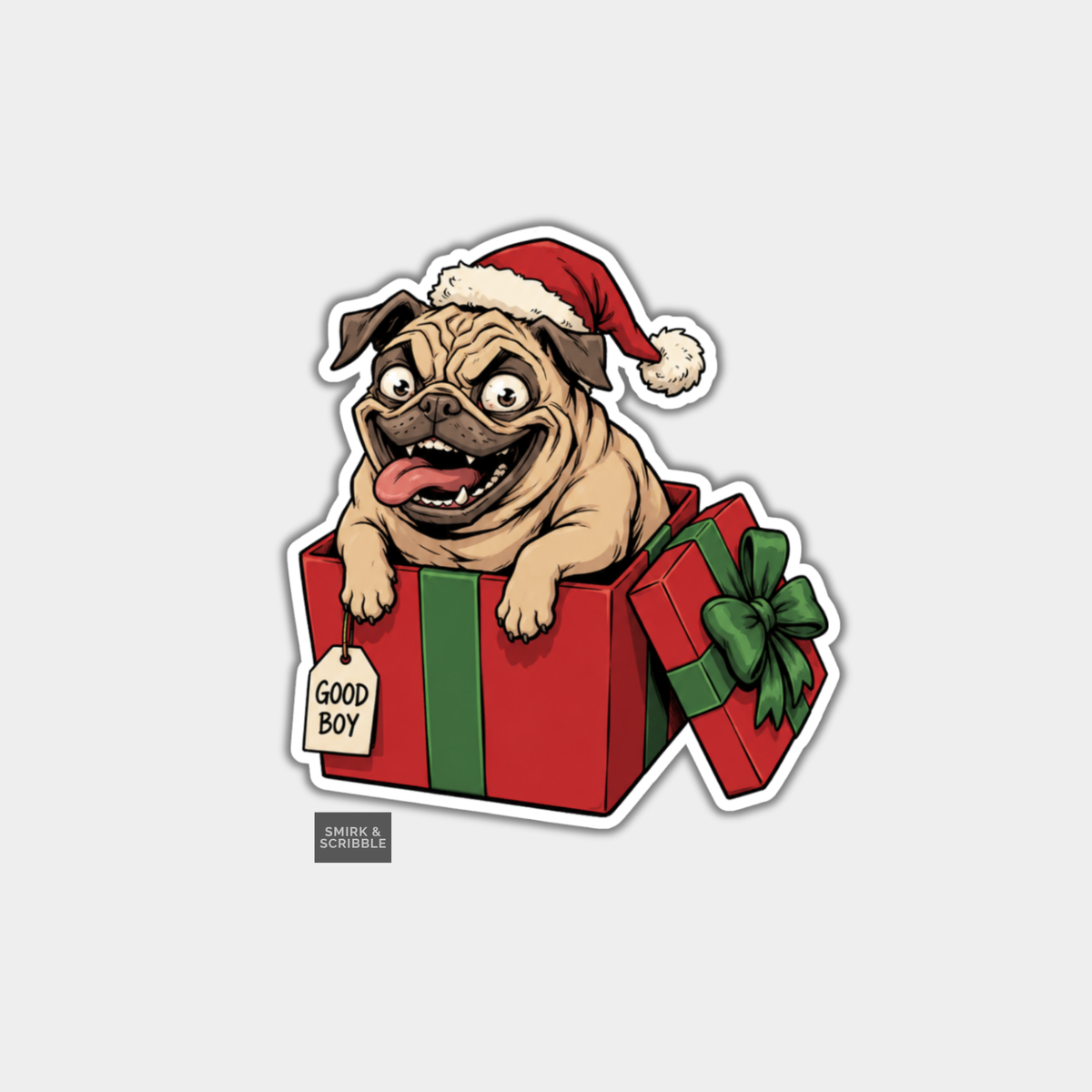 Funny Christmas Sticker - Creepy Pug In Gift Box