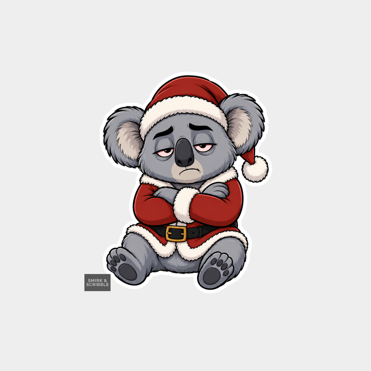 Funny Christmas Sticker - Cute Grumpy Koala In Santa Suit