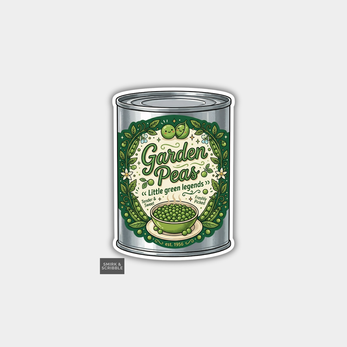 Can of garden peas with decorative label on a white background
