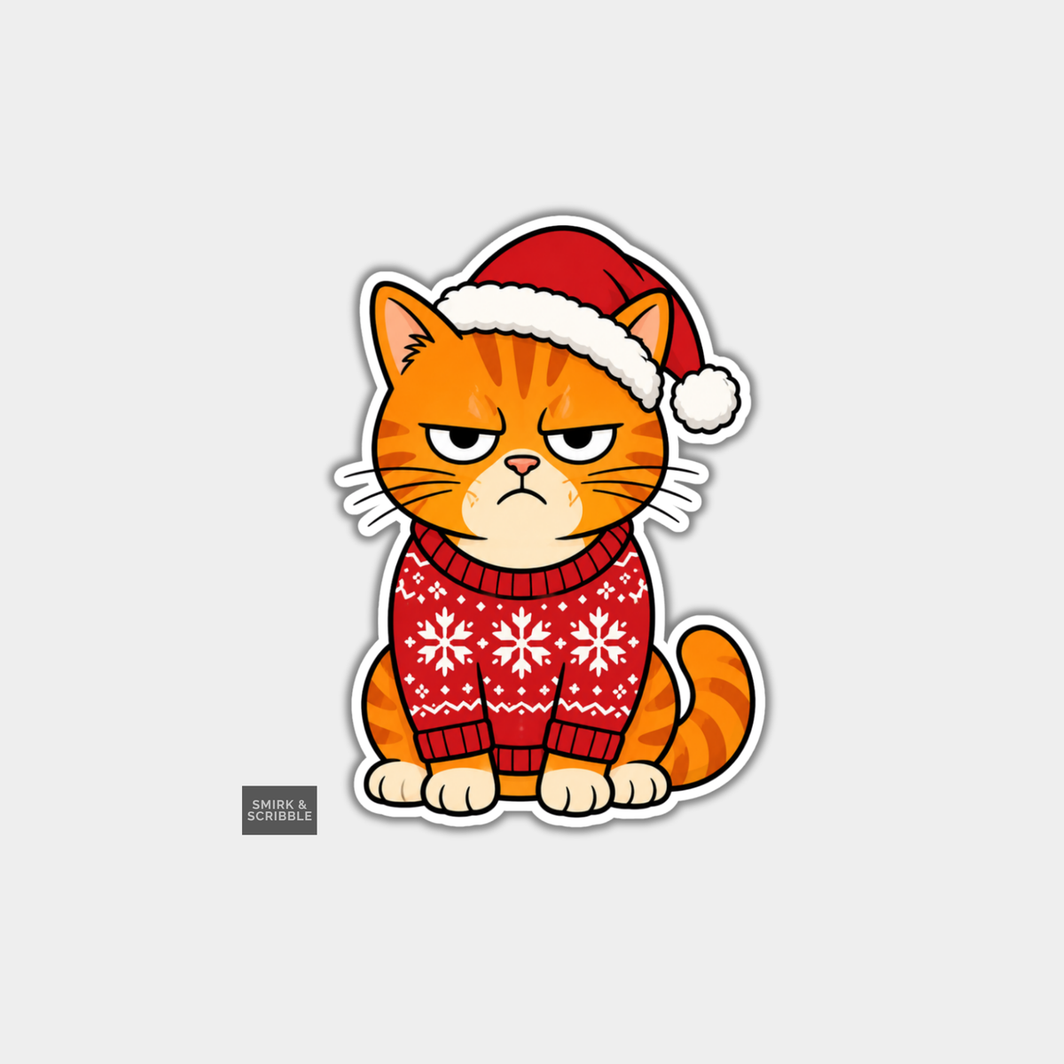 Funny Christmas Sticker - Orange Cat In Jumper & Hat