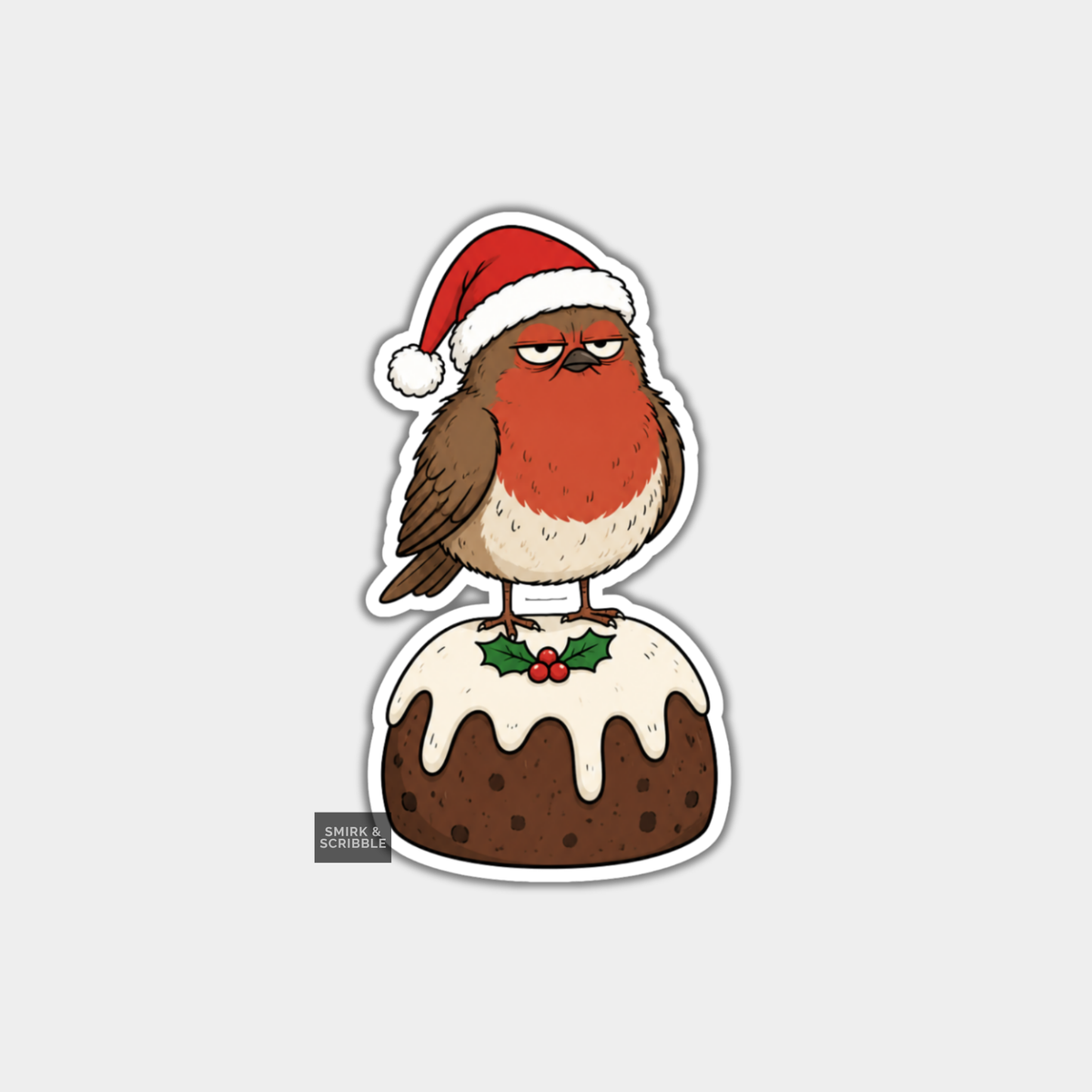 Funny Christmas Sticker - Cute Grumpy Robin On Pudding