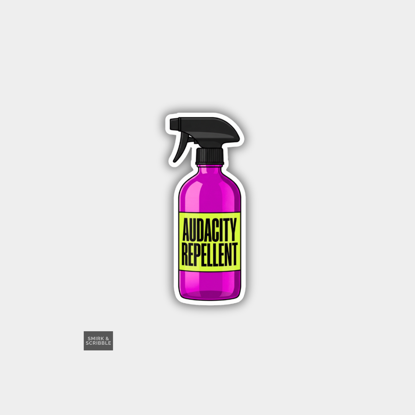 Pink spray bottle labeled 'Audacity Repellent' on a light gray background
