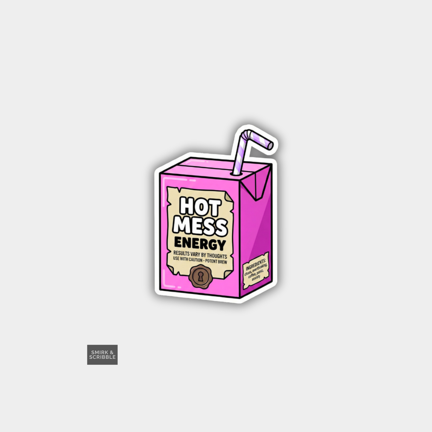 Pink energy drink carton with straw labeled 'Hot Mess Energy' on a light gray background