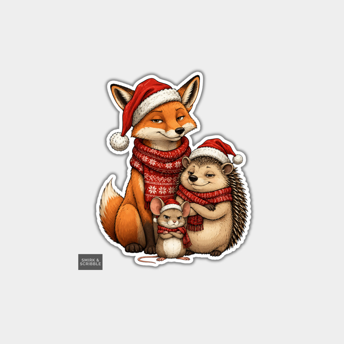 Funny Christmas Sticker - Cute Fox Hedgehog Mouse