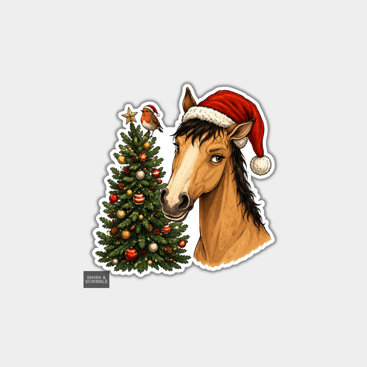 Funny Christmas Sticker - Cute Horse & Xmas Tree