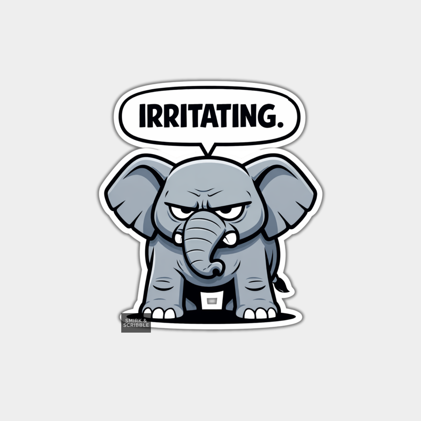Cartoon elephant with an angry expression and a speech bubble saying 'IRRITATING.' on a light gray background.
