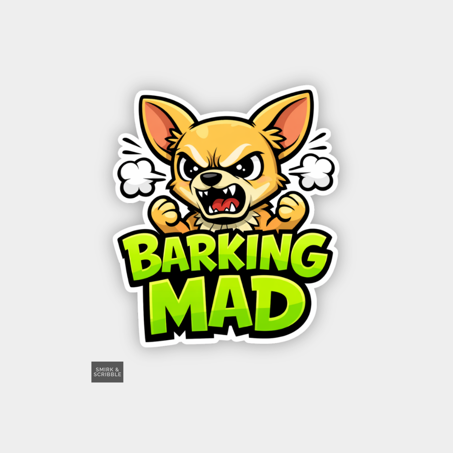 Sticker with a cartoon dog and 'Barking Mad' text on a light gray background