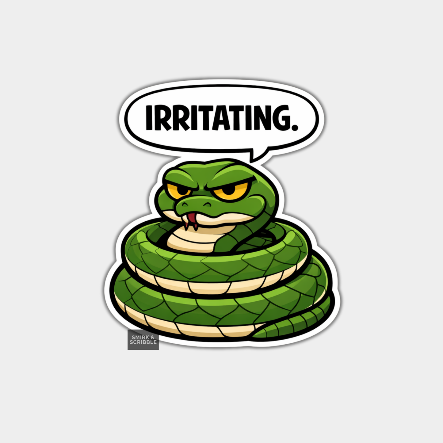 Cartoon snake with a speech bubble saying 'IRRITATING.' on a light gray background