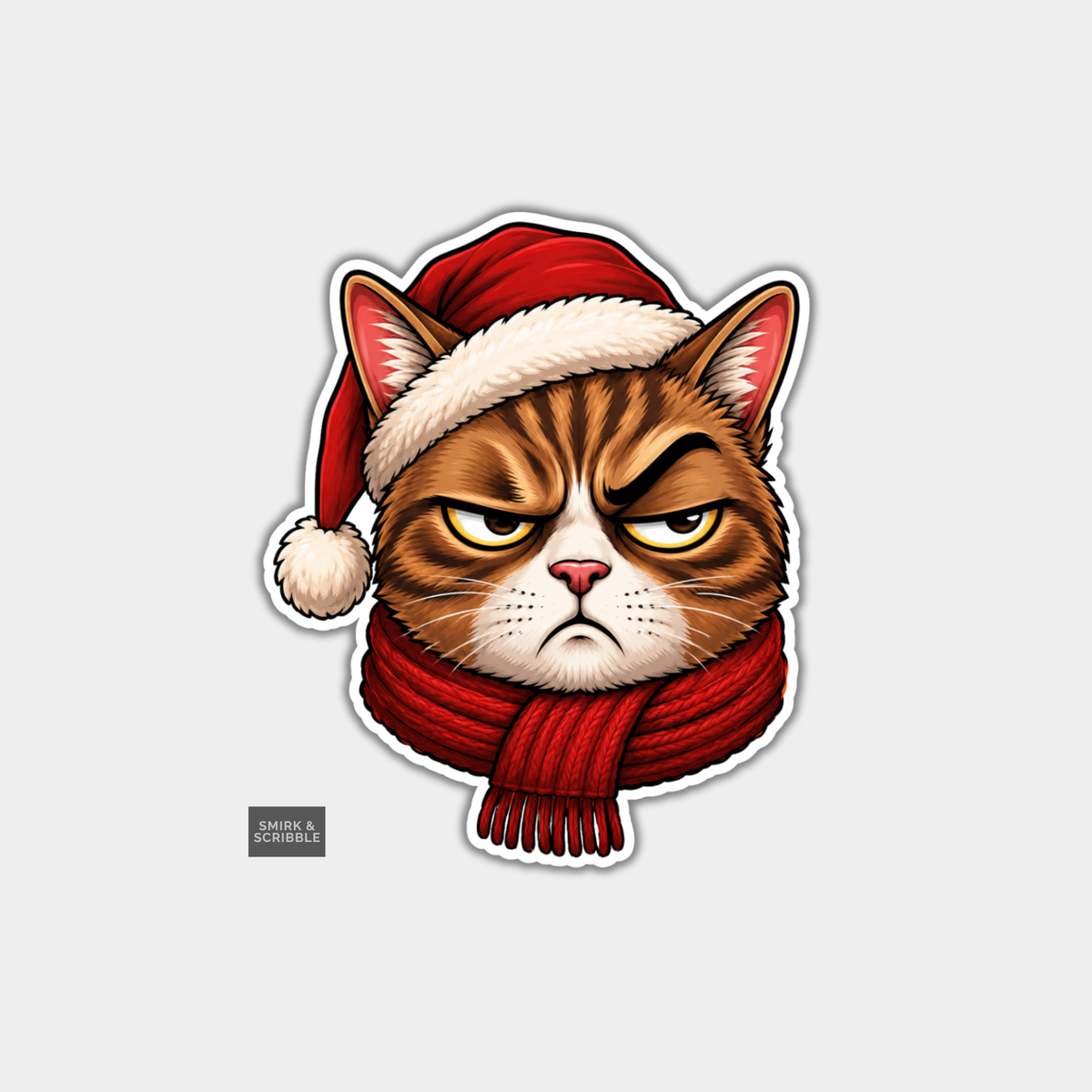 Funny Christmas Sticker - Grumpy Cat In Hat & Scarf