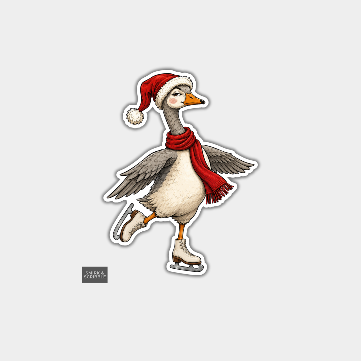 Funny Christmas Sticker - Cute Skating Goose
