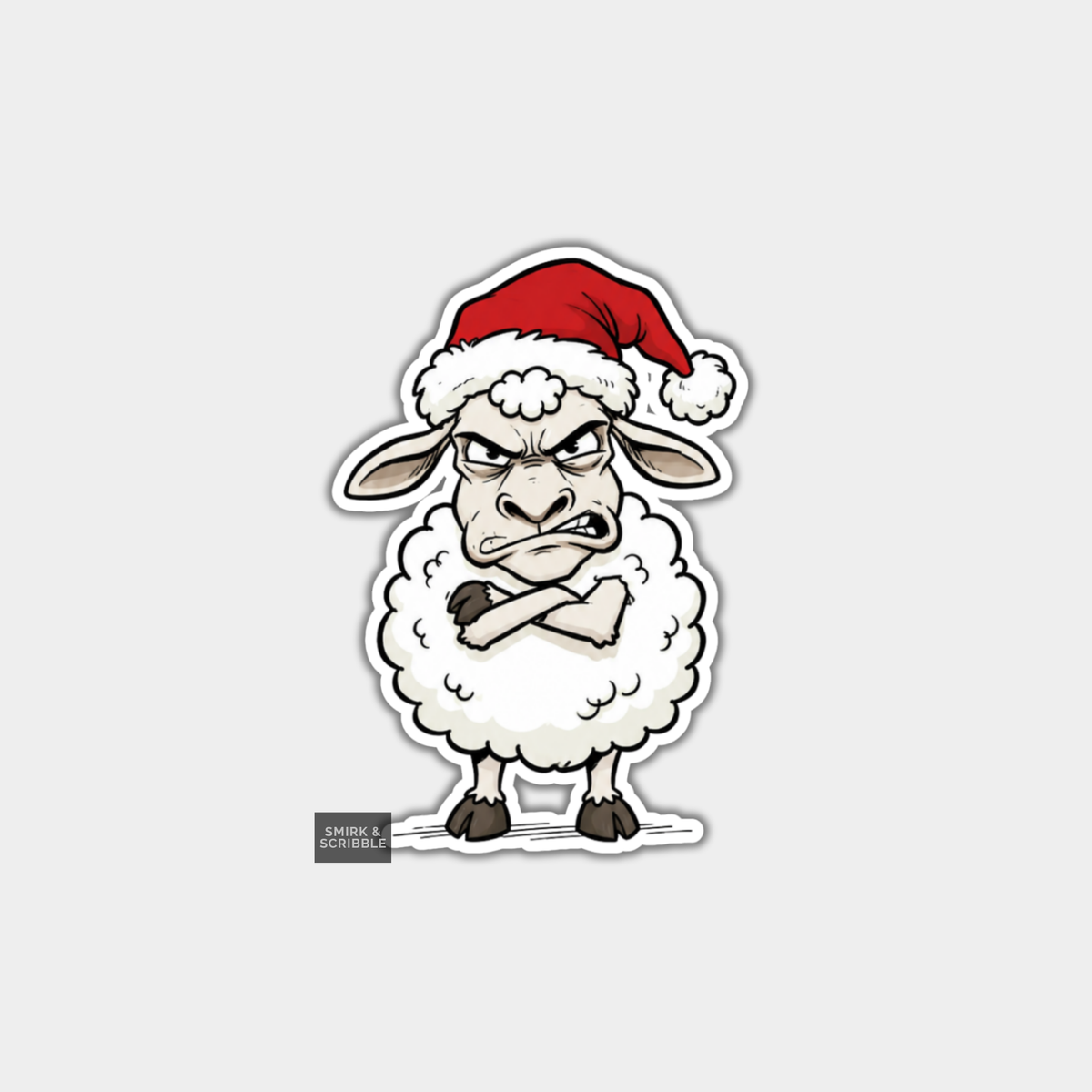 Funny Christmas Sticker - Cute Angry Sheep In Santa Hat