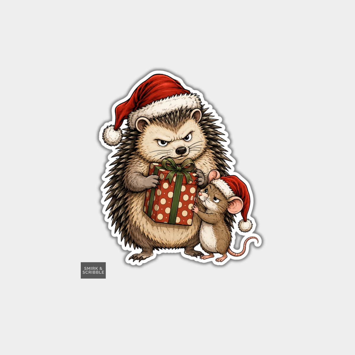 Funny Christmas Sticker - Cute Hedgehog & Mouse