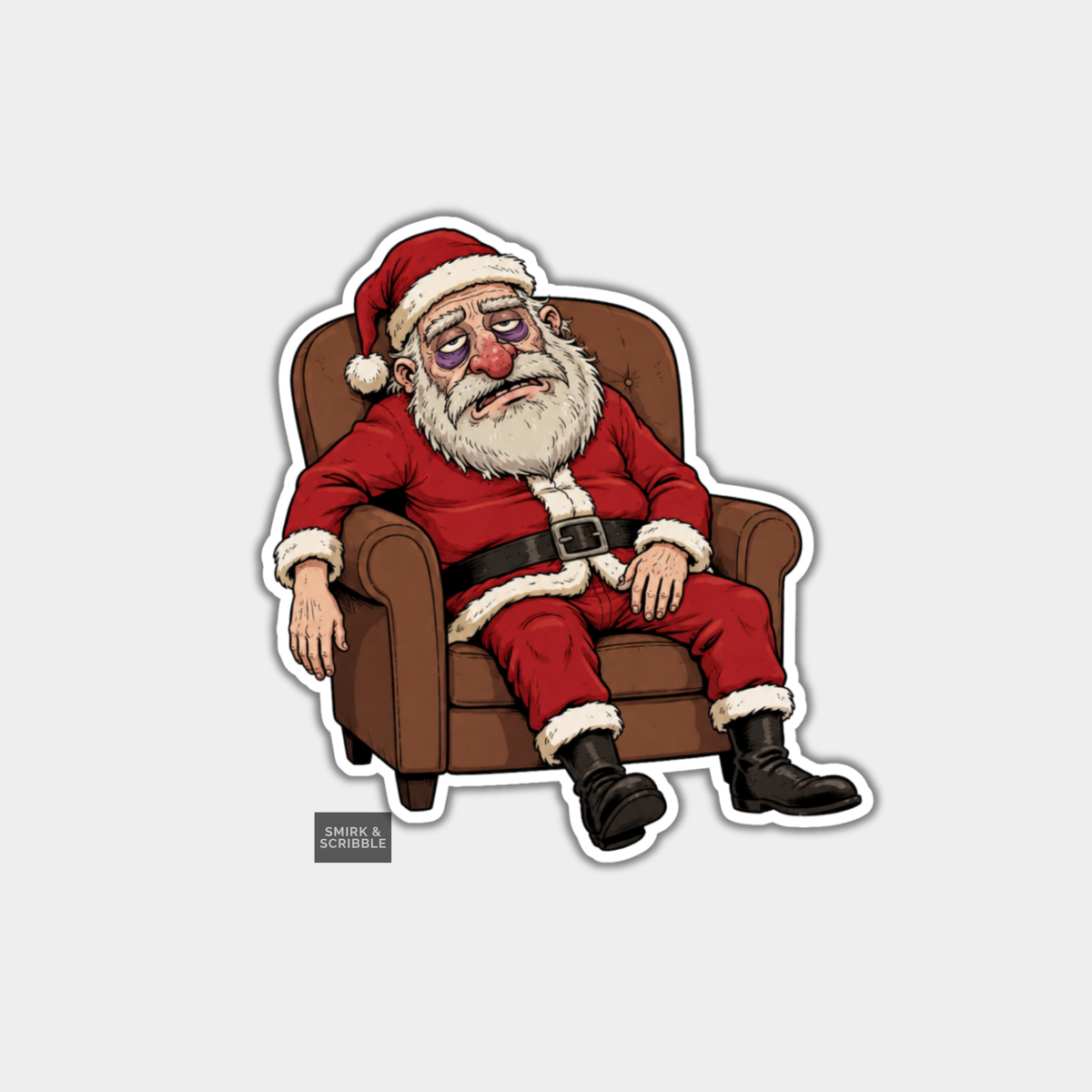 Funny Christmas Sticker - Tired Santa Claus In Armchair