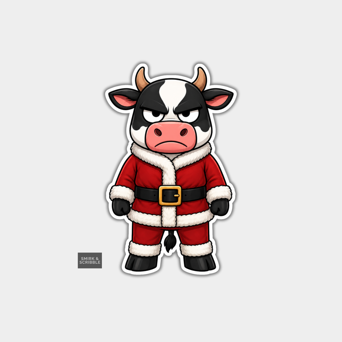 Funny Christmas Sticker - Grumpy Cow In Santa Suit