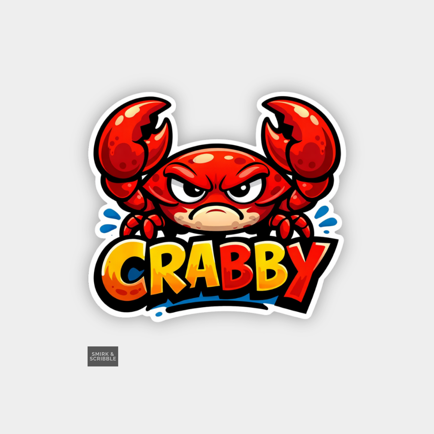 Cartoon crab character with 'CRABBY' text on a light gray background