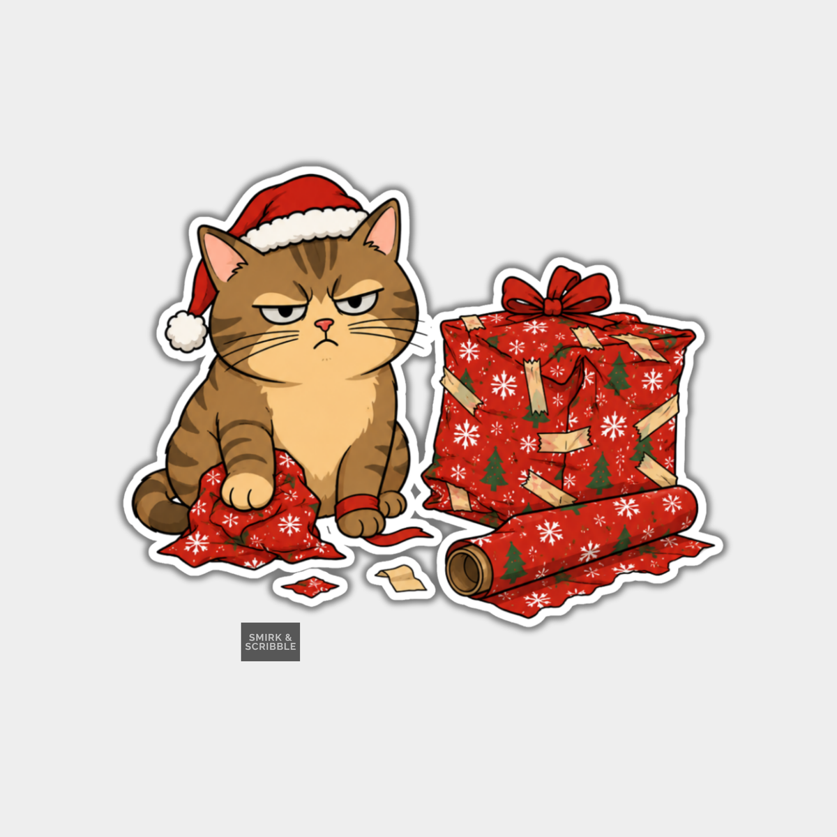 Funny Christmas Sticker - Cute Grumpy Cat & Wrapping