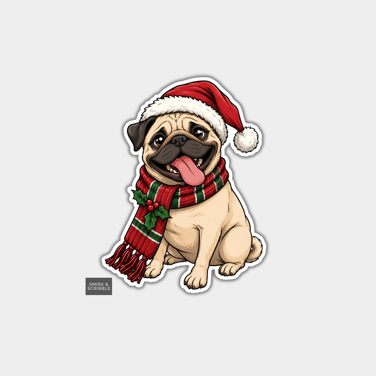 Funny Christmas Sticker - Cute Pug With Scarf Sitting
