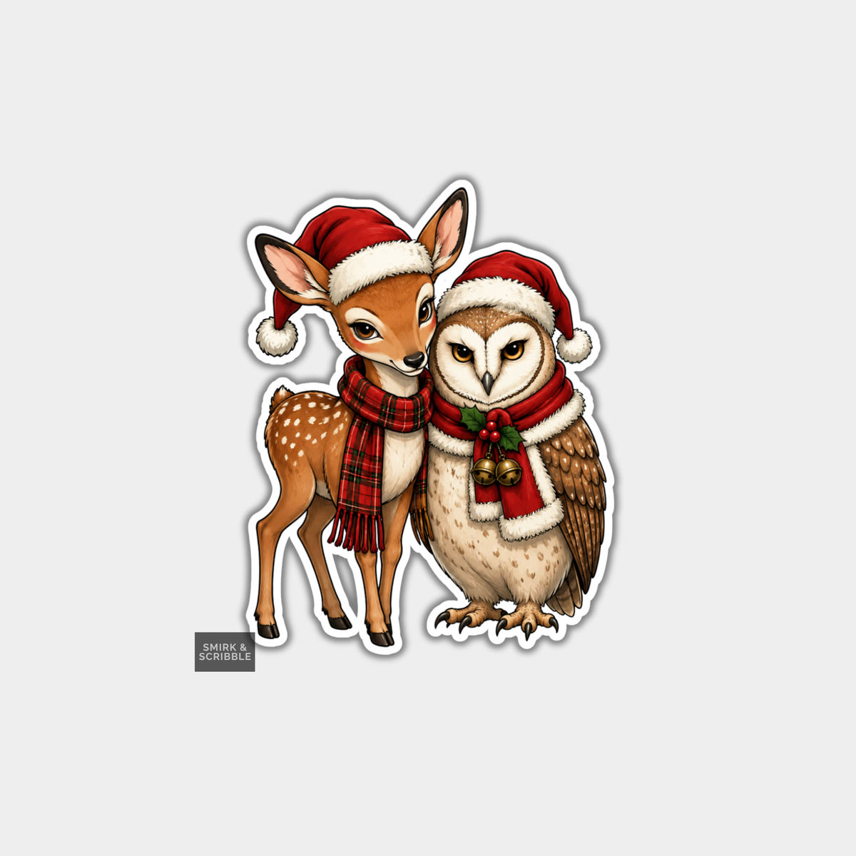 Funny Christmas Sticker - Cute Owl & Deer In Santa Hats