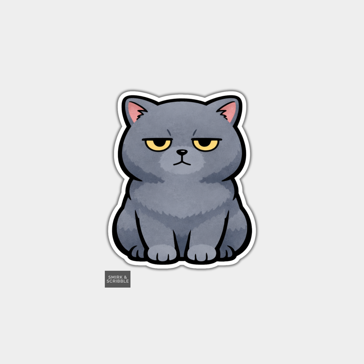 Sticker of a gray cat with yellow eyes on a light gray background