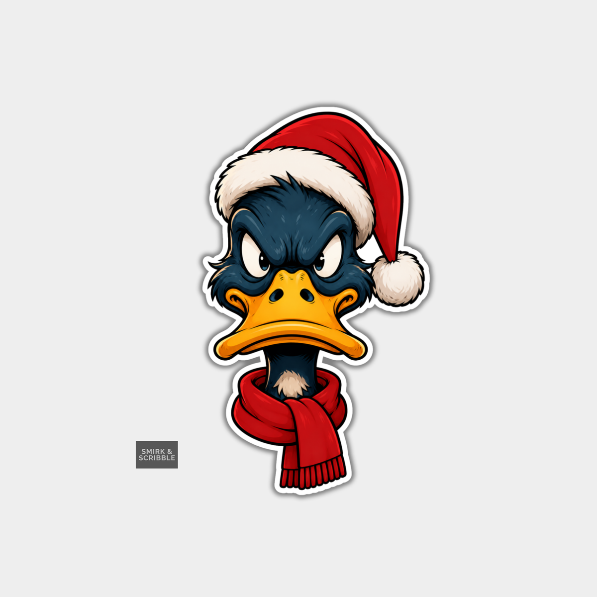 Funny Christmas Sticker - Angry Duck In Santa Hat & Scarf