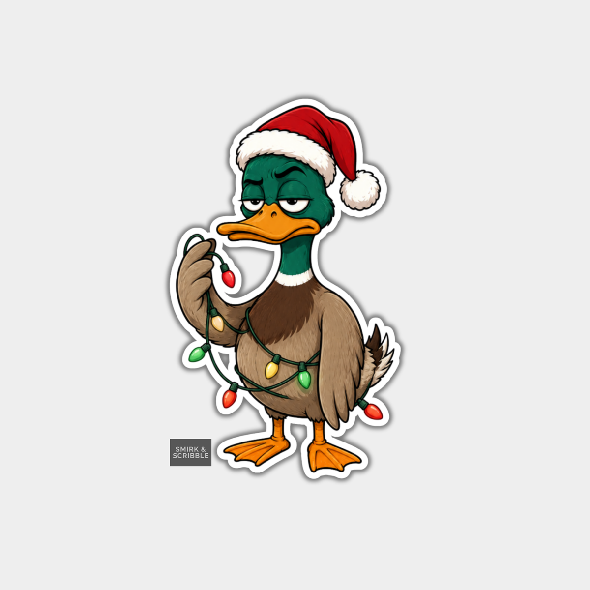 Funny Christmas Sticker - Grumpy Duck With Lights