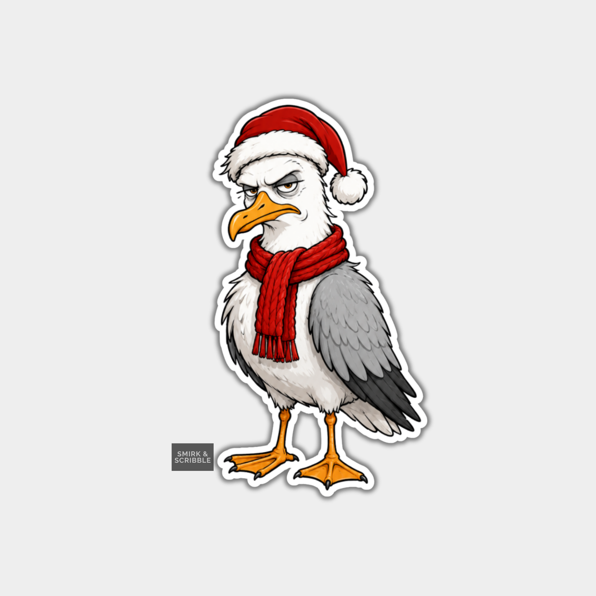 Funny Christmas Sticker - Grumpy Seagull Wearing Scarf
