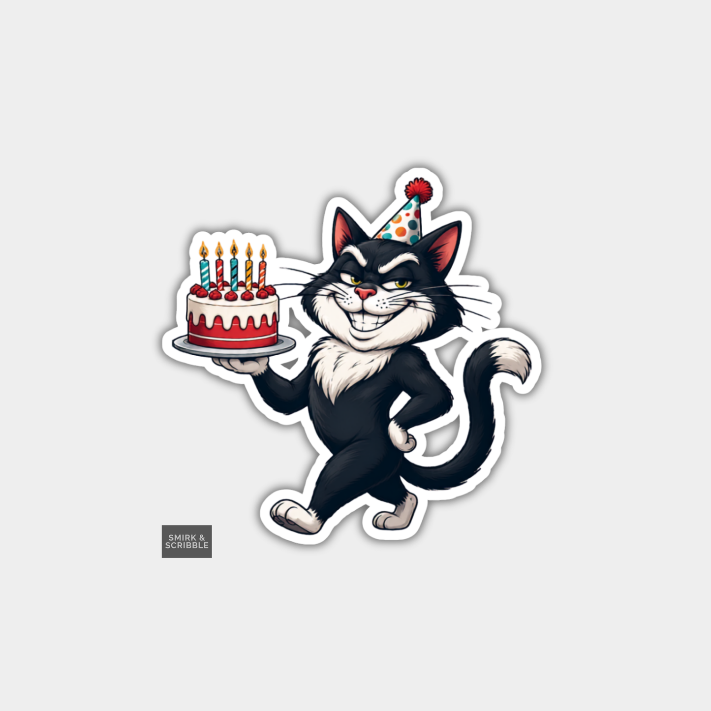 Funny Character Vinyl Sticker - Birthday Cat & Cake