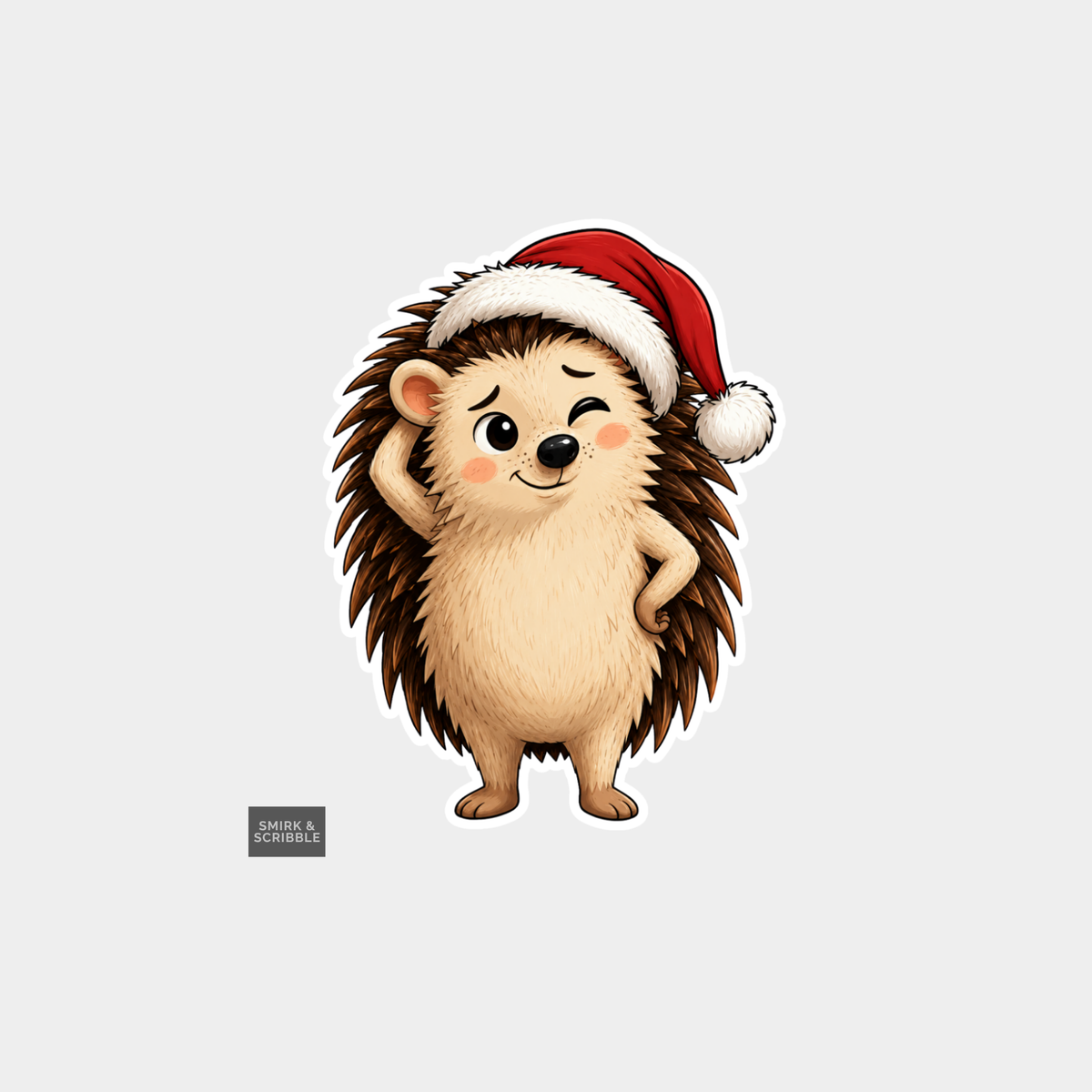 Funny Christmas Sticker - Cute Hedgehog Wearing Santa Hat