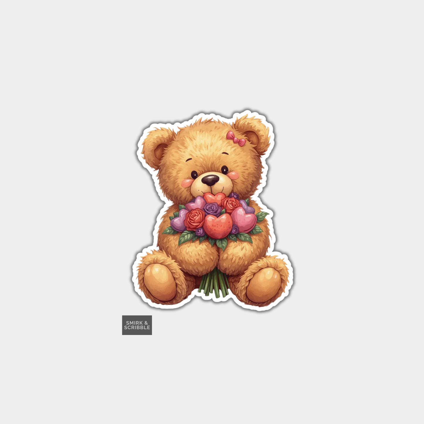 Sticker of a teddy bear holding flowers on a light gray background