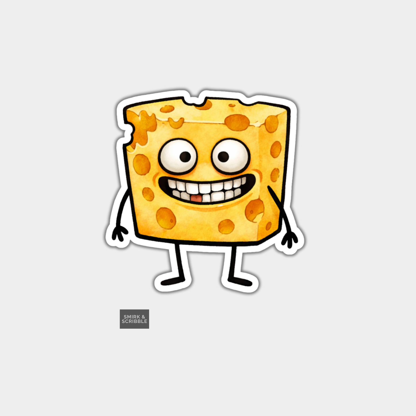 sticker of a cartoon funny cheese character with crazy face expression and doodle style stick limbs on a grey background.