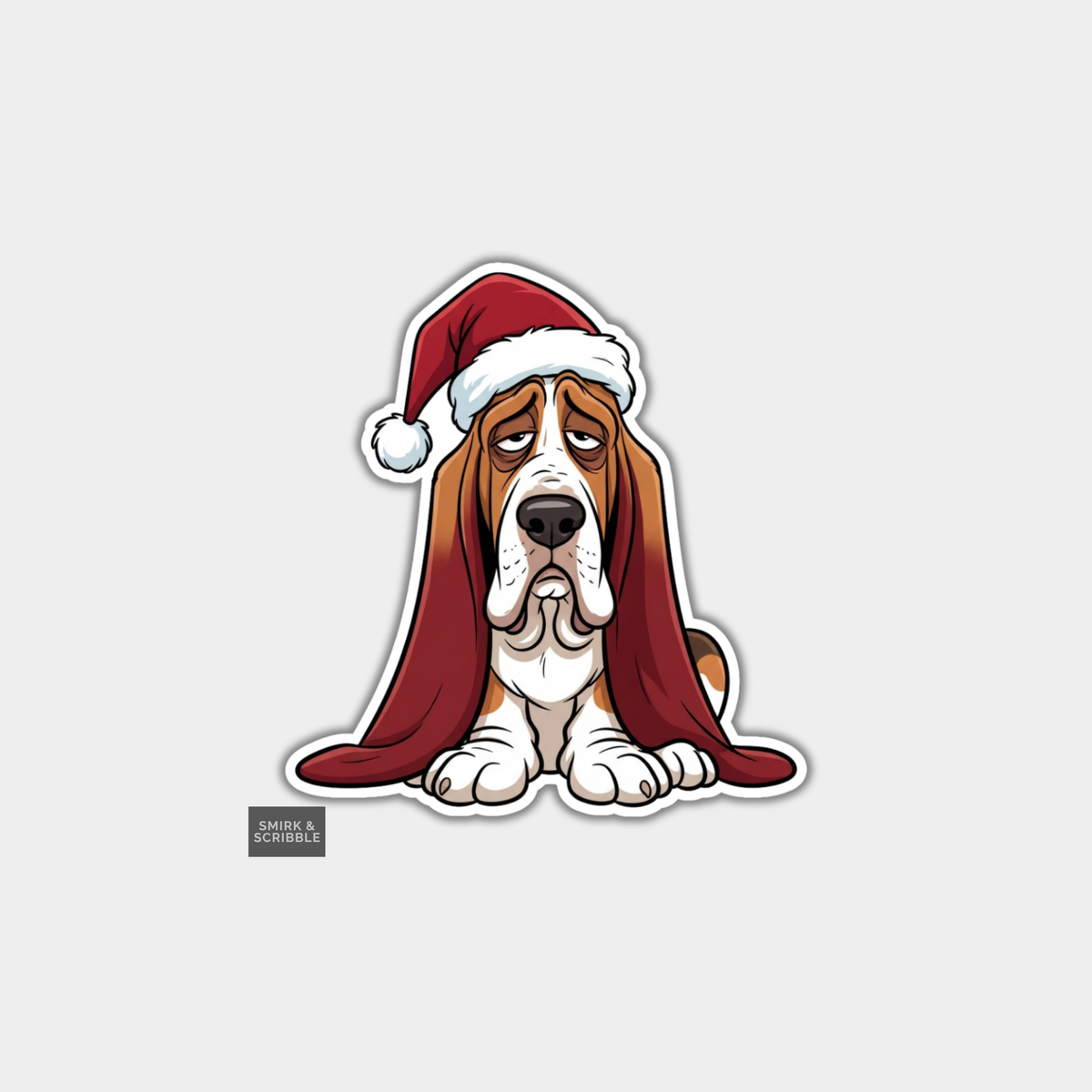Funny Christmas Sticker - Sad Basset Hound In Santa Hat