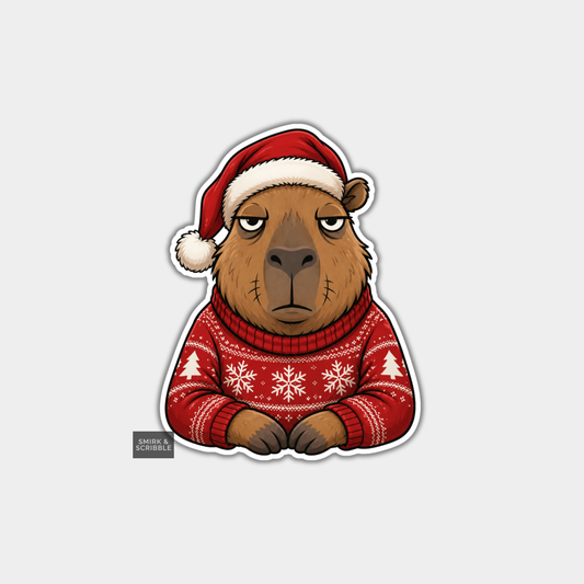 Funny Christmas Sticker - Grumpy Capybara In Hat & Jumper