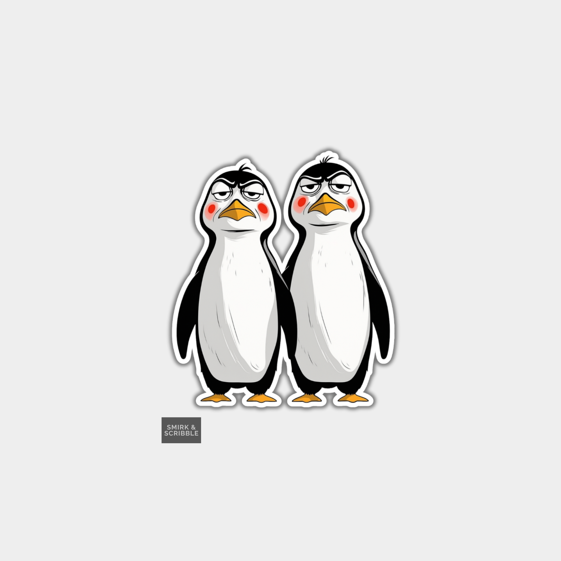 Two cartoon penguins with angry expressions on a light gray background