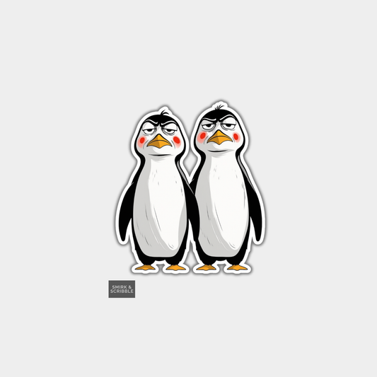 Two cartoon penguins with angry expressions on a light gray background