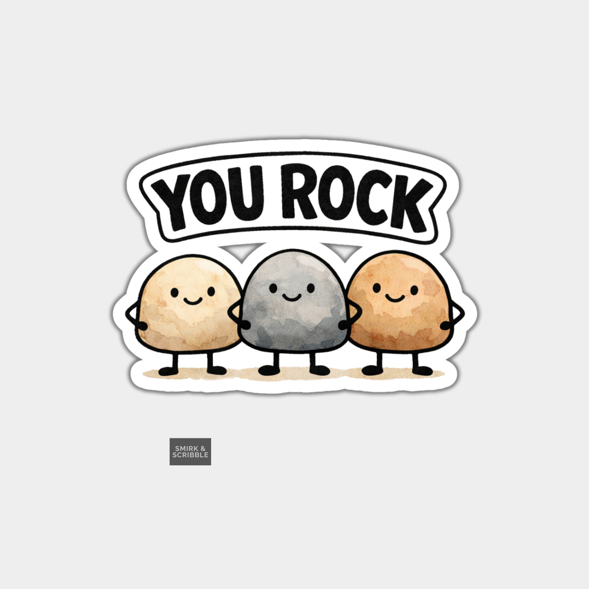 Sticker with three cartoon rocks and 'YOU ROCK' text on a white background