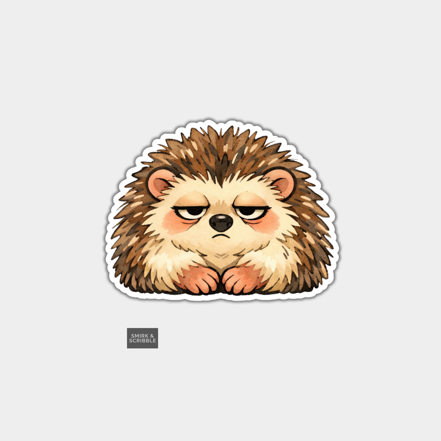 Cartoon hedgehog sticker with a sad expression on a light gray background