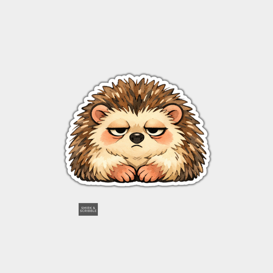 Cartoon hedgehog sticker with a sad expression on a light gray background